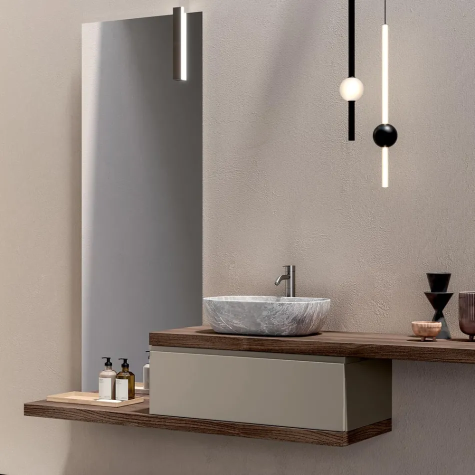 Bathroom Composition with 1 Drawer, 2 Oak Shelves, Sink and Mirror - Titan Viadurini