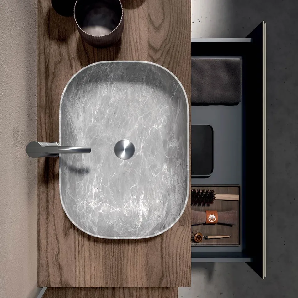 Bathroom Composition with 1 Drawer, 2 Oak Shelves, Sink and Mirror - Titan Viadurini