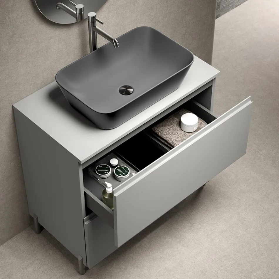 Bathroom Composition with 1 Drawer, Anthracite Resin Sink and Mirror - Titan Viadurini