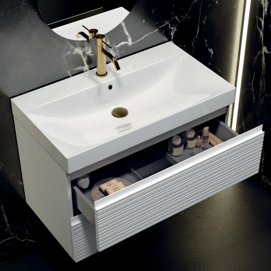 Bathroom Composition with 2 Matte White Drawers, Sink and Mirror - Elios Viadurini