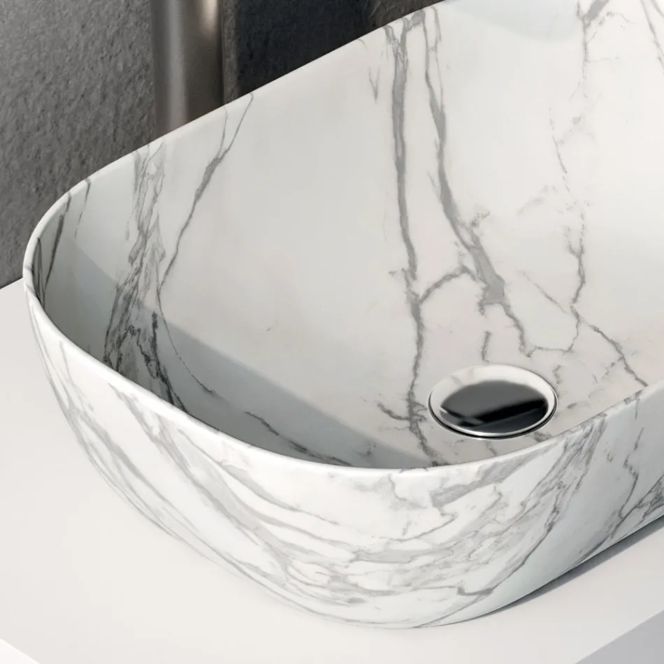 Bathroom Composition with 2 Drawers, Calacatta Ceramic Sink and Mirror - Orione Viadurini