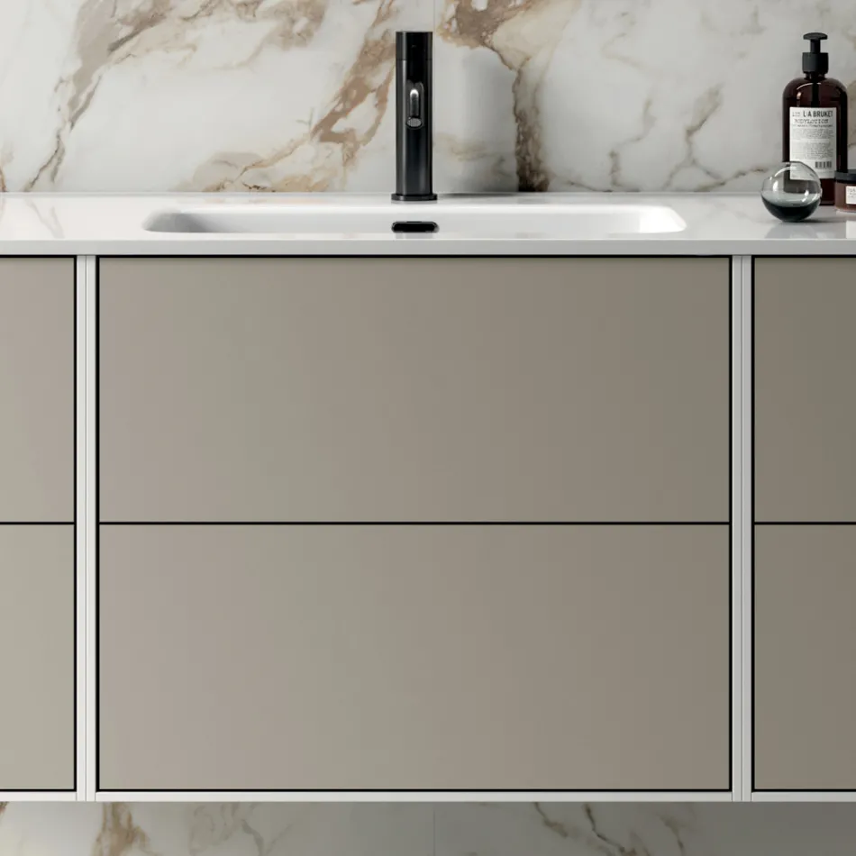 Bathroom Composition with 6 Dove Gray Drawers, Mirror, and Sink - Velaria Viadurini