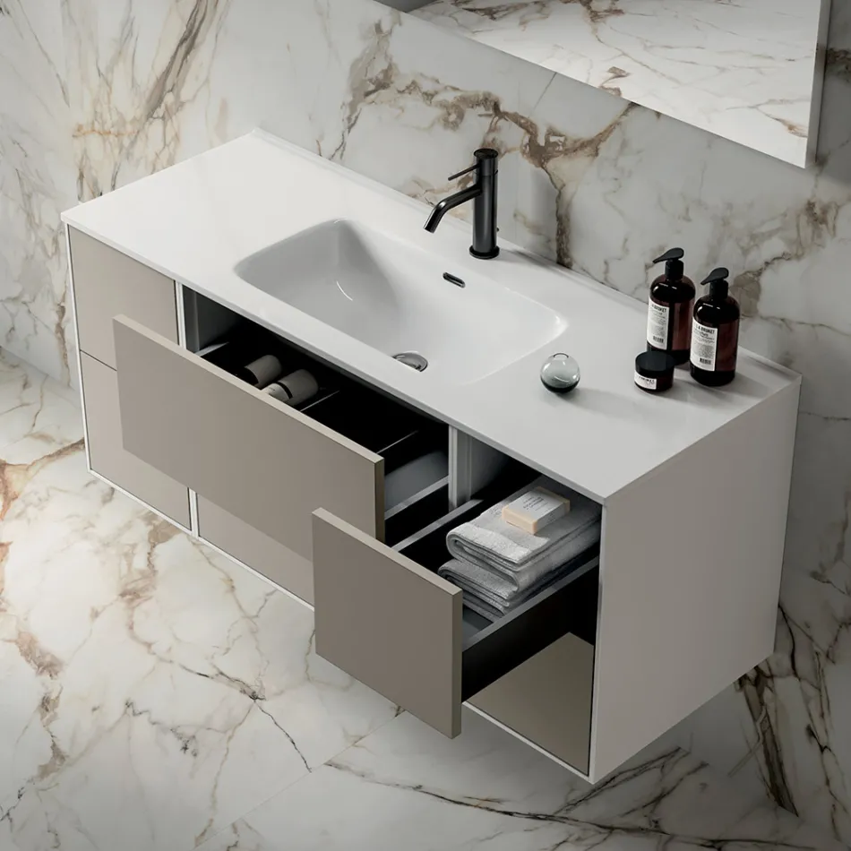 Bathroom Composition with 6 Dove Gray Drawers, Mirror, and Sink - Velaria Viadurini
