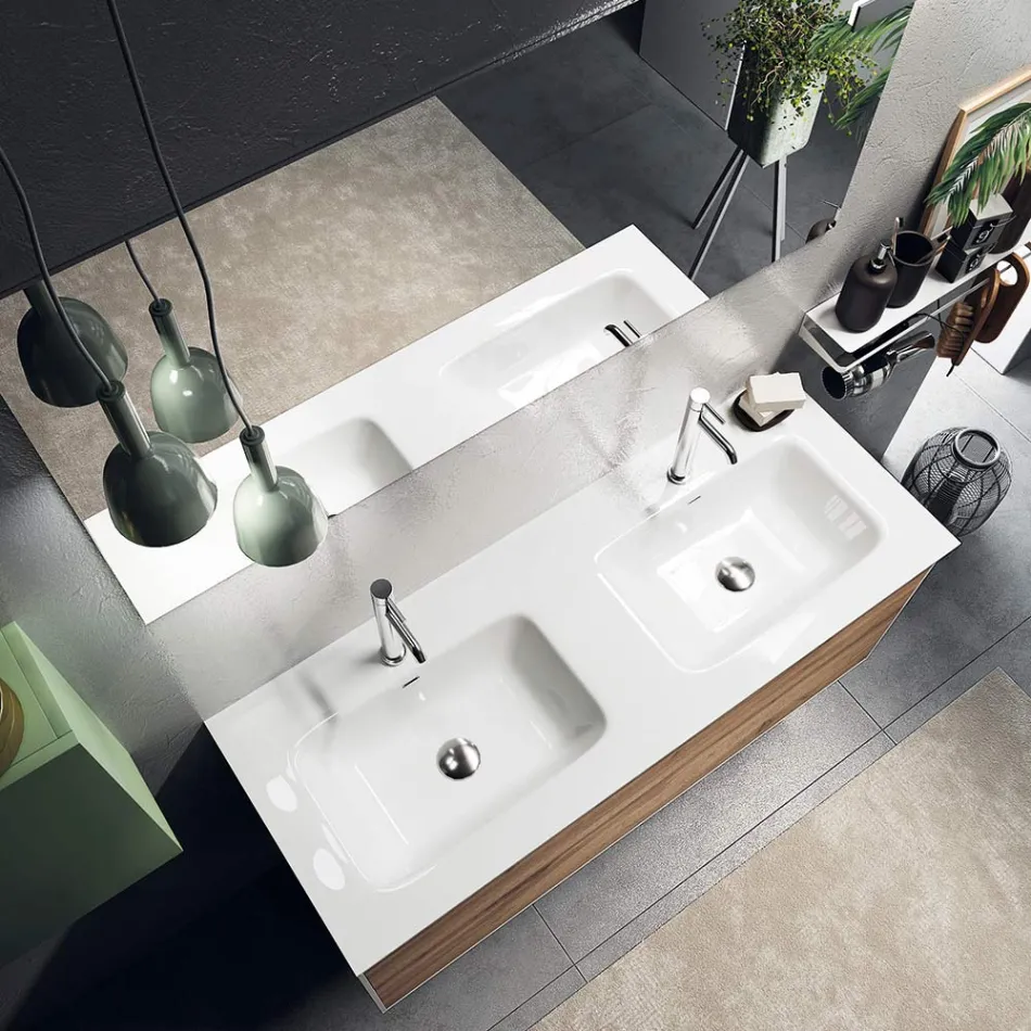 Bathroom Composition with Honey Oak Base, Washbasin and Mirror Made in Italy - Kilos Viadurini