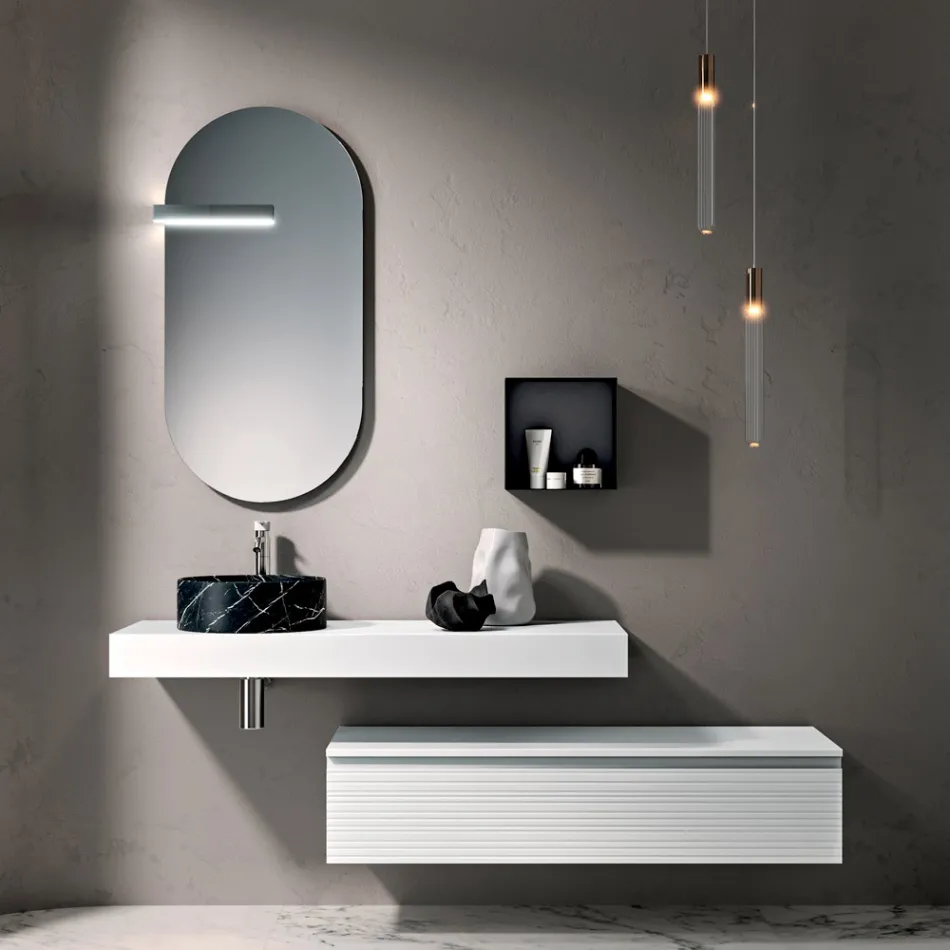 Bathroom Composition with Drawer, Sink, Mirror, Wall Cabinet, and Shelf - Elios Viadurini