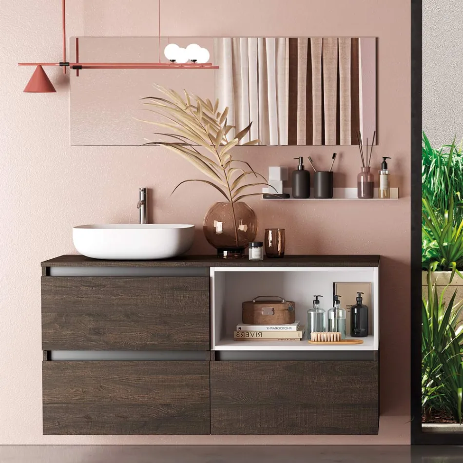 Bathroom Composition with Ceramic Washbasin and Mirror Made in Italy - Dream Viadurini