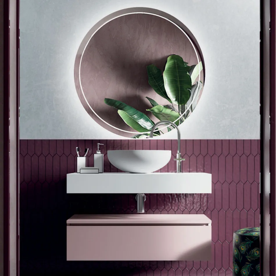 Bathroom Composition with Resin Washbasin and Mirror Made in Italy - Palom Viadurini