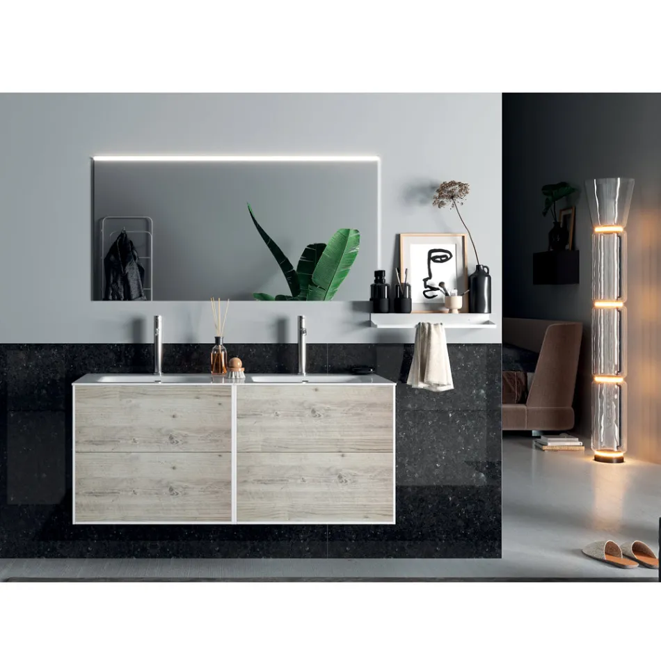 Bathroom Composition with Mirror, Double Washbasin and Base Made in Italy - Kilos Viadurini