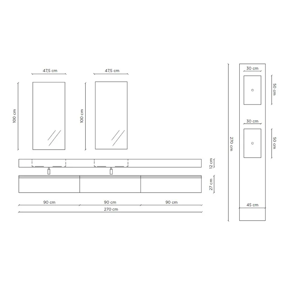 Double Bathroom Composition with Rectangular Mirror and Washbasin Made in Italy - Palom Viadurini