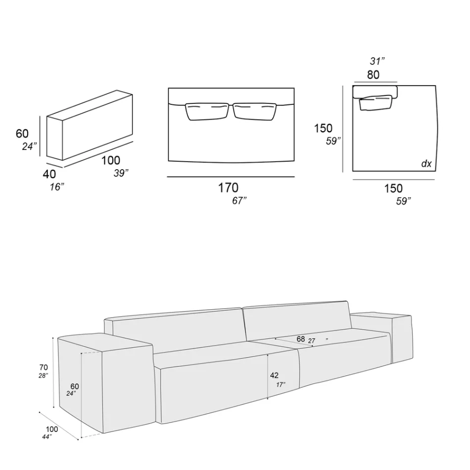Composition of 1 Sofa, 1 Armrest and 1 Peninsula - Bizarre Viadurini