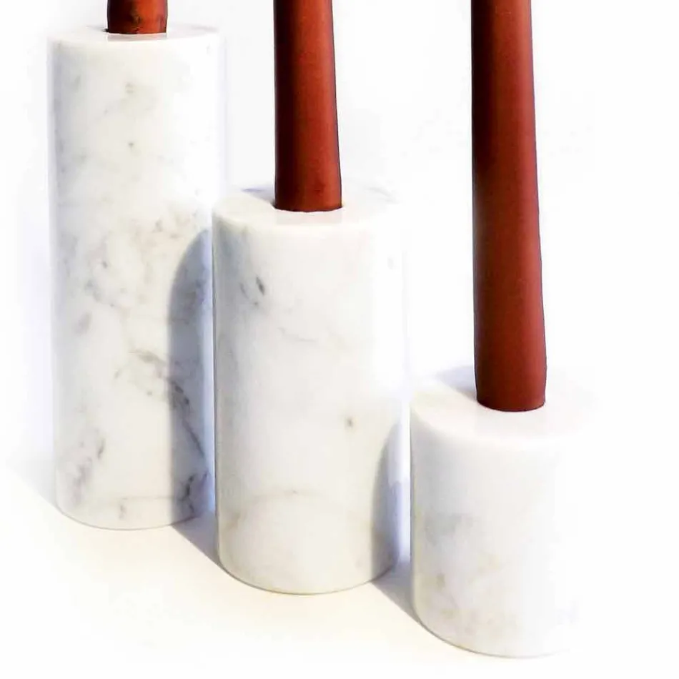 Composition of 3 Candle Holders in White Carrara Marble Made in Italy - Astol Viadurini