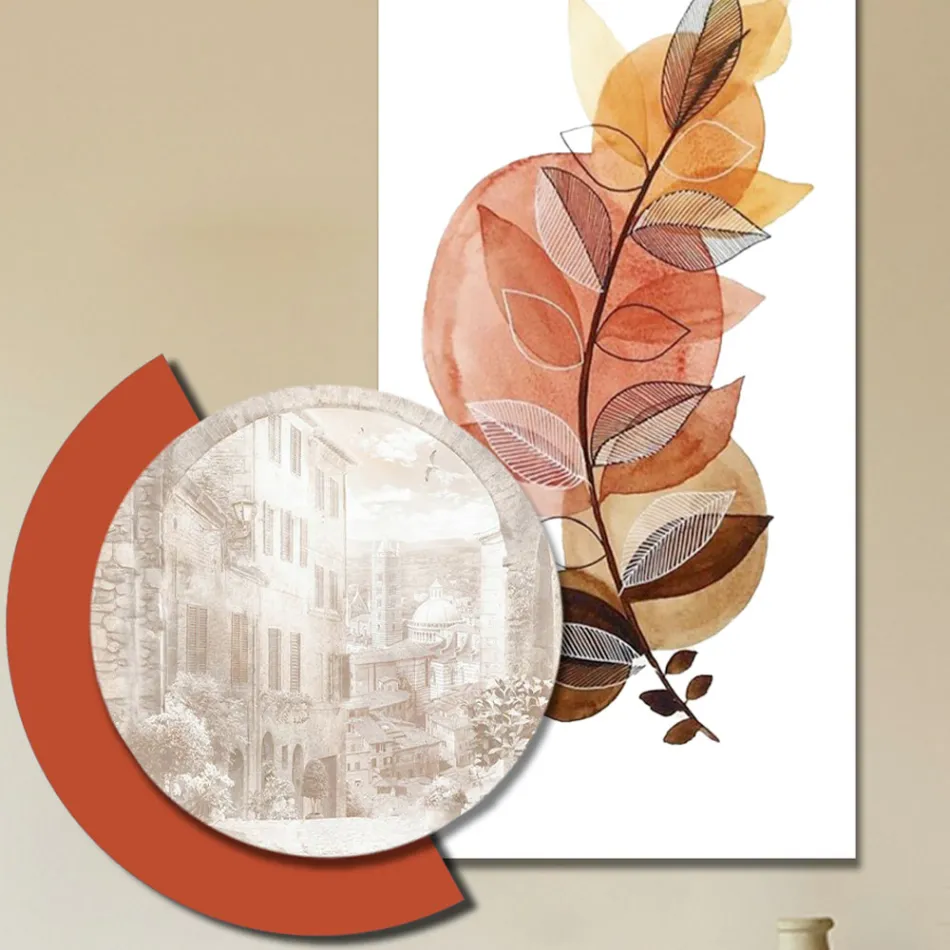 Composition of Wooden Paintings with City and Branch Prints Made in Italy - Chile Viadurini