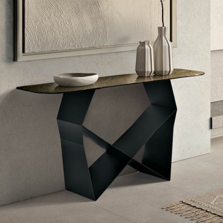Console Table in Metal and Hammered Glass Top with Back-Silver Finish - Concordia Viadurini