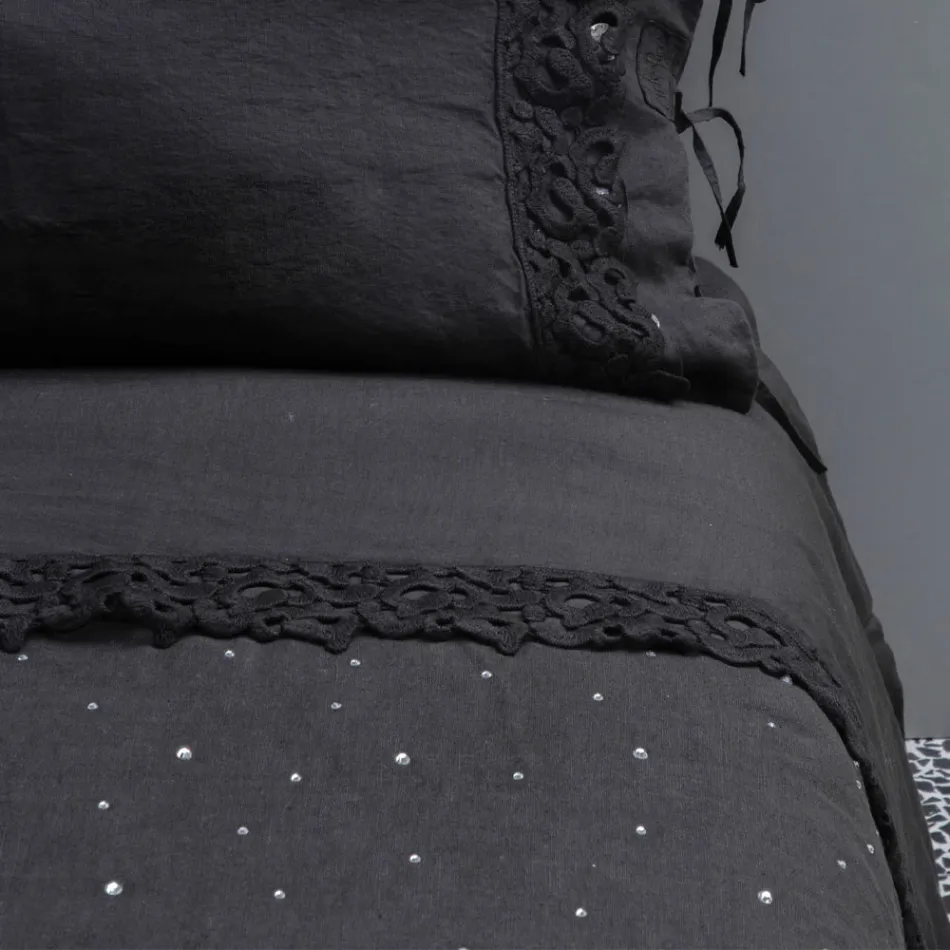 Black Linen Duvet Cover with Crystals for Luxury Double Bed - Damante Viadurini
