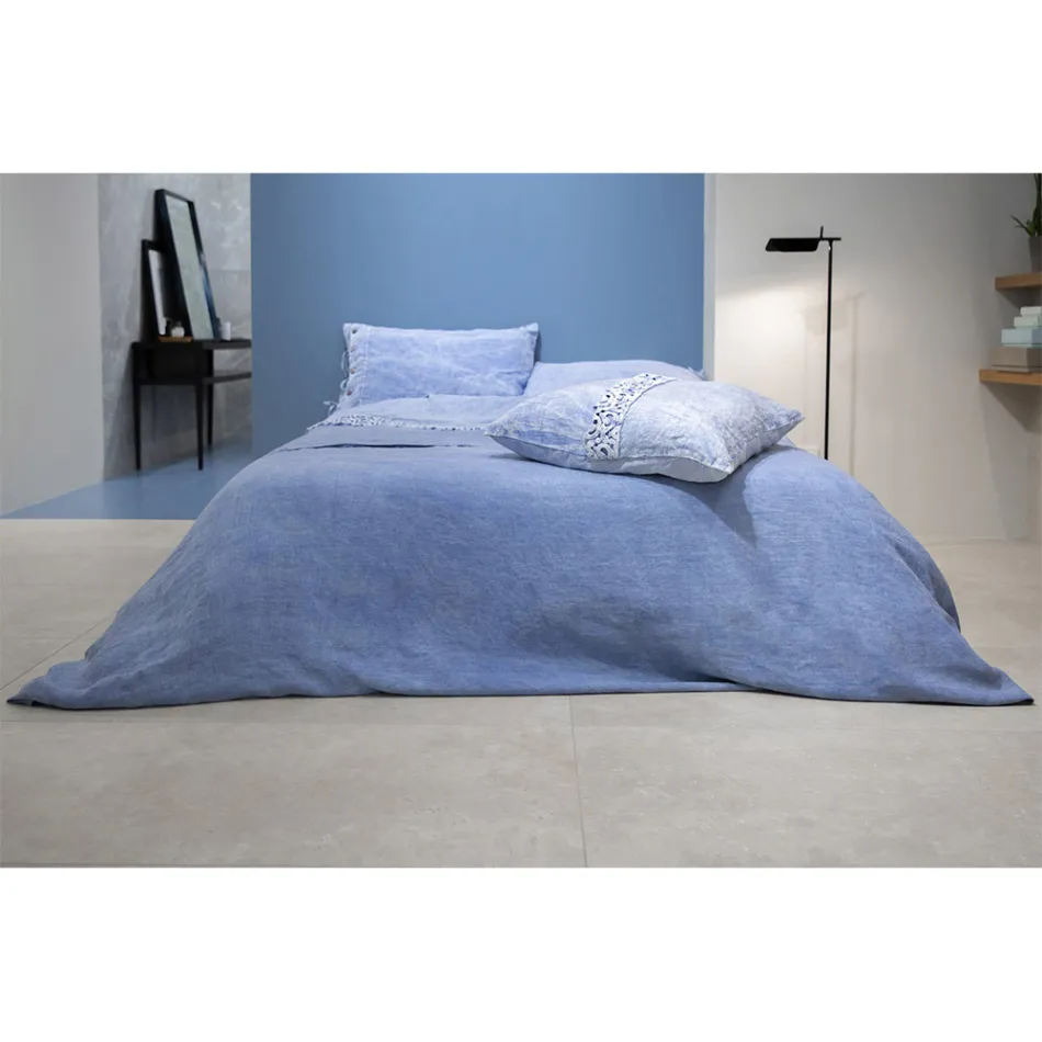 Light Blue Light Linen Double Duvet Cover with Buttons and Flap - Ljuba Viadurini