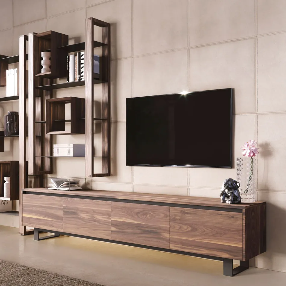 Low Wooden Sideboard with Metal Base Made in Italy - Berta Viadurini