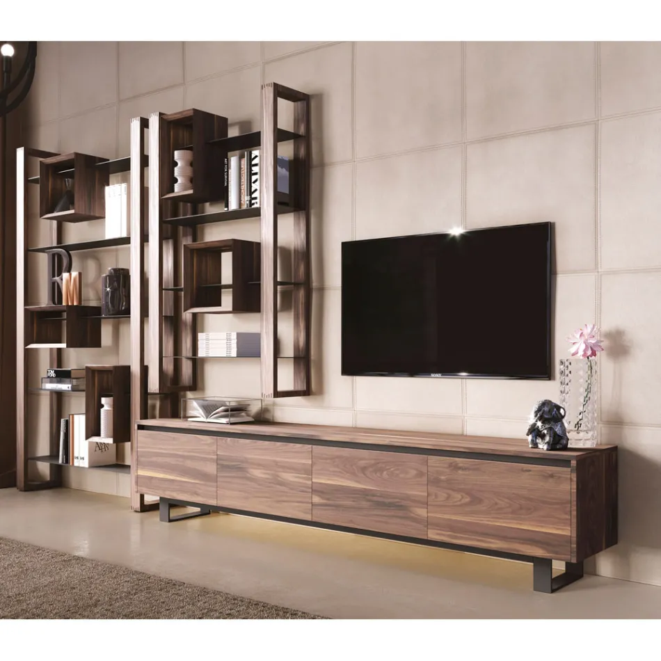 Low Wooden Sideboard with Metal Base Made in Italy - Berta Viadurini