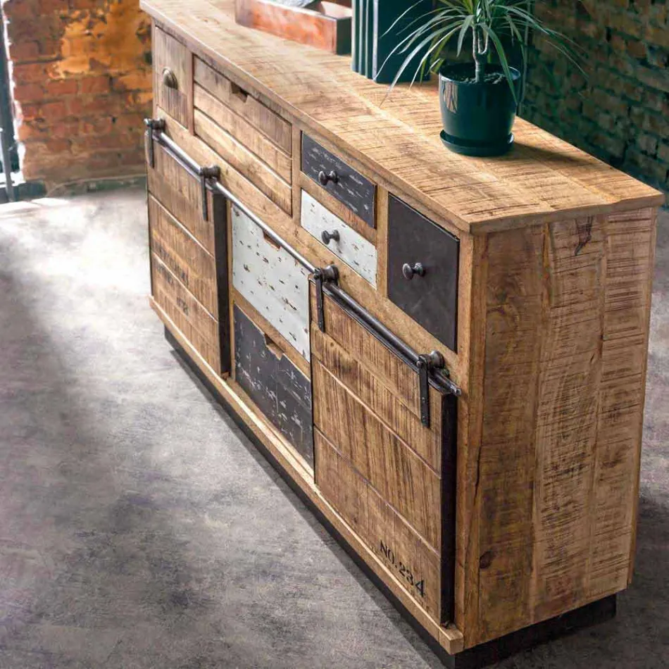 Sideboard with Structure in Mango Wood and Steel in Industrial Style - Vidia Viadurini