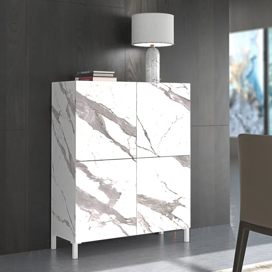 Living Room Sideboard Covered in Melamine Marble Finish Made in Italy - Zinc Viadurini