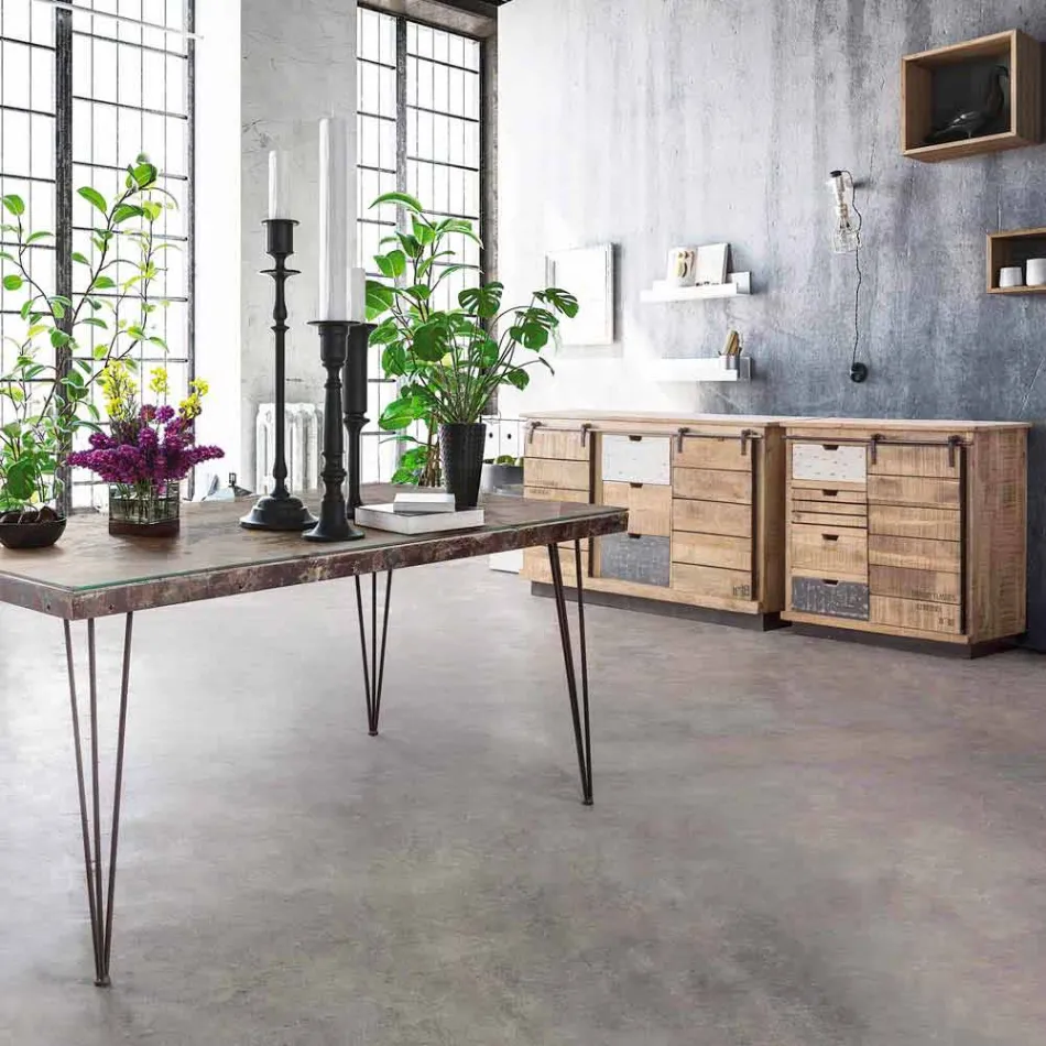 Sideboard in Wood and Steel with Door and 4 Drawers Industrial Style - Renza Viadurini