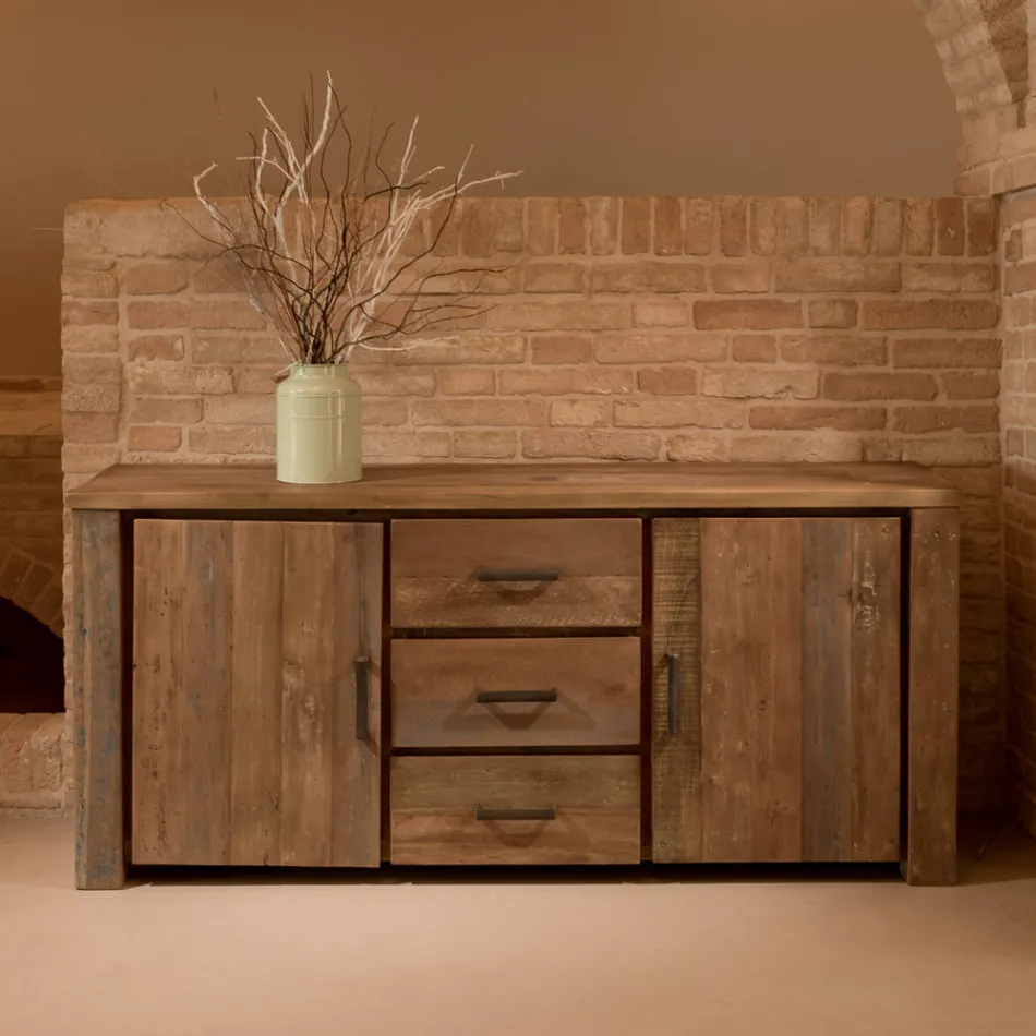 Living Sideboard with 2 Doors and 3 Central Drawers in Recycled Wood - Slide Viadurini