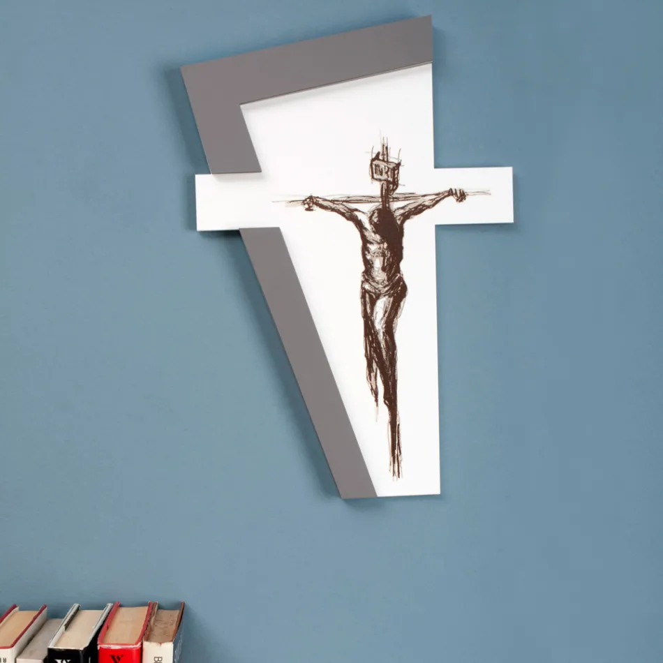 White and Gray Crucifix Made with Laser Engraving Made in Italy - Egle Viadurini