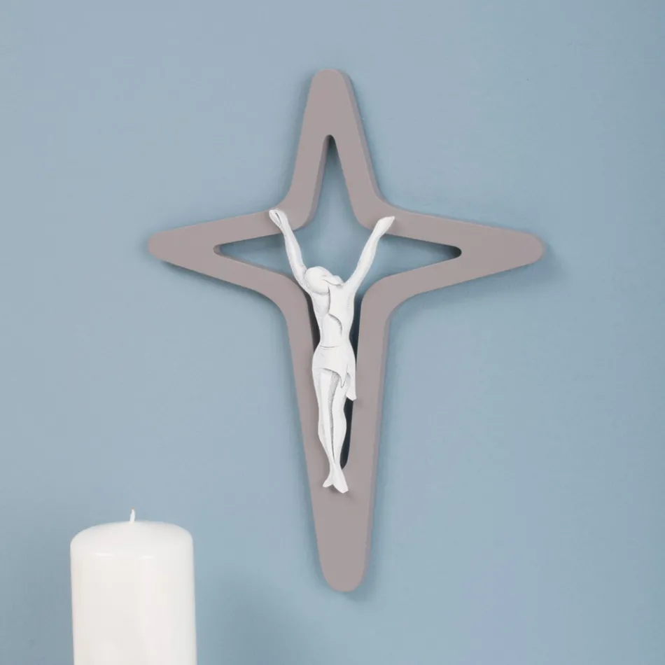 White and Gray Christo Crucifix Laser Engraved Made in Italy - Teresa Viadurini