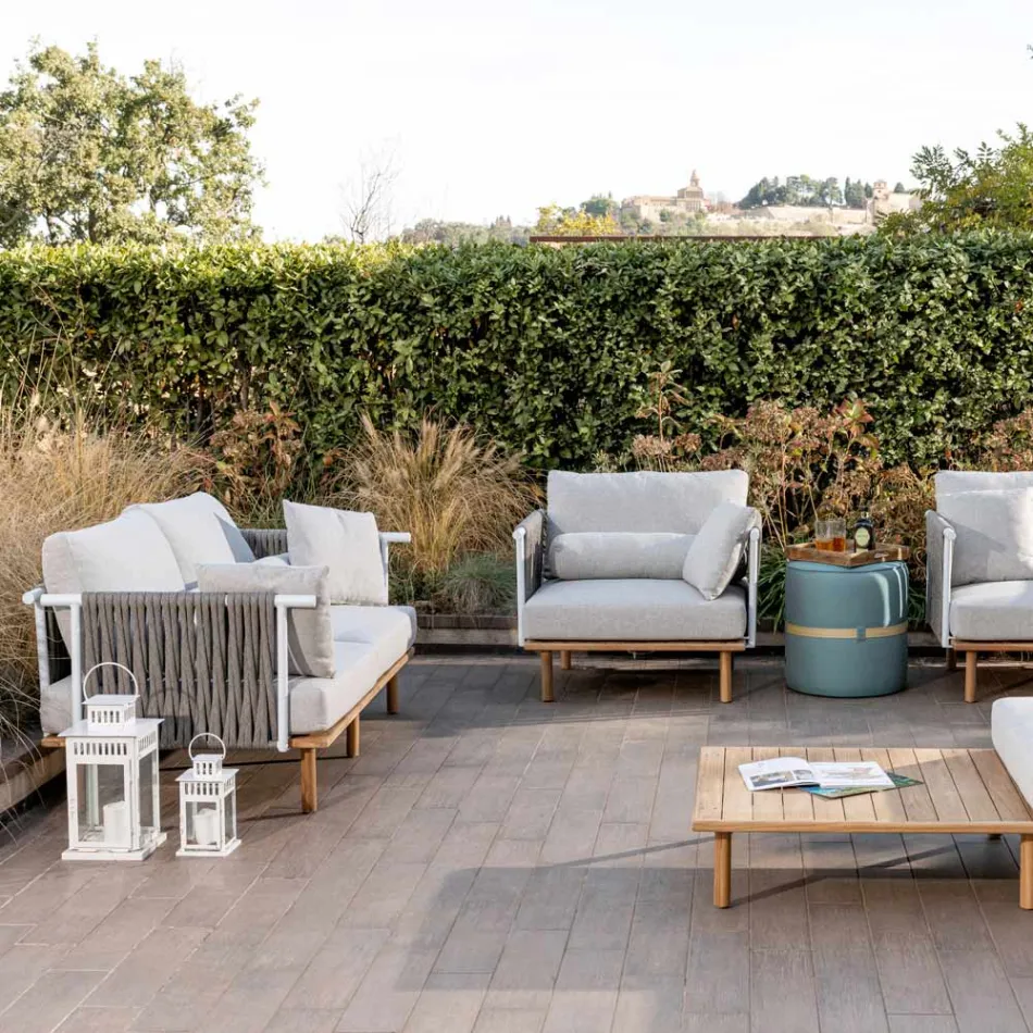 2 Seater Sofa in Teak, Rope Weaving and Cushions - Bellatrix Viadurini