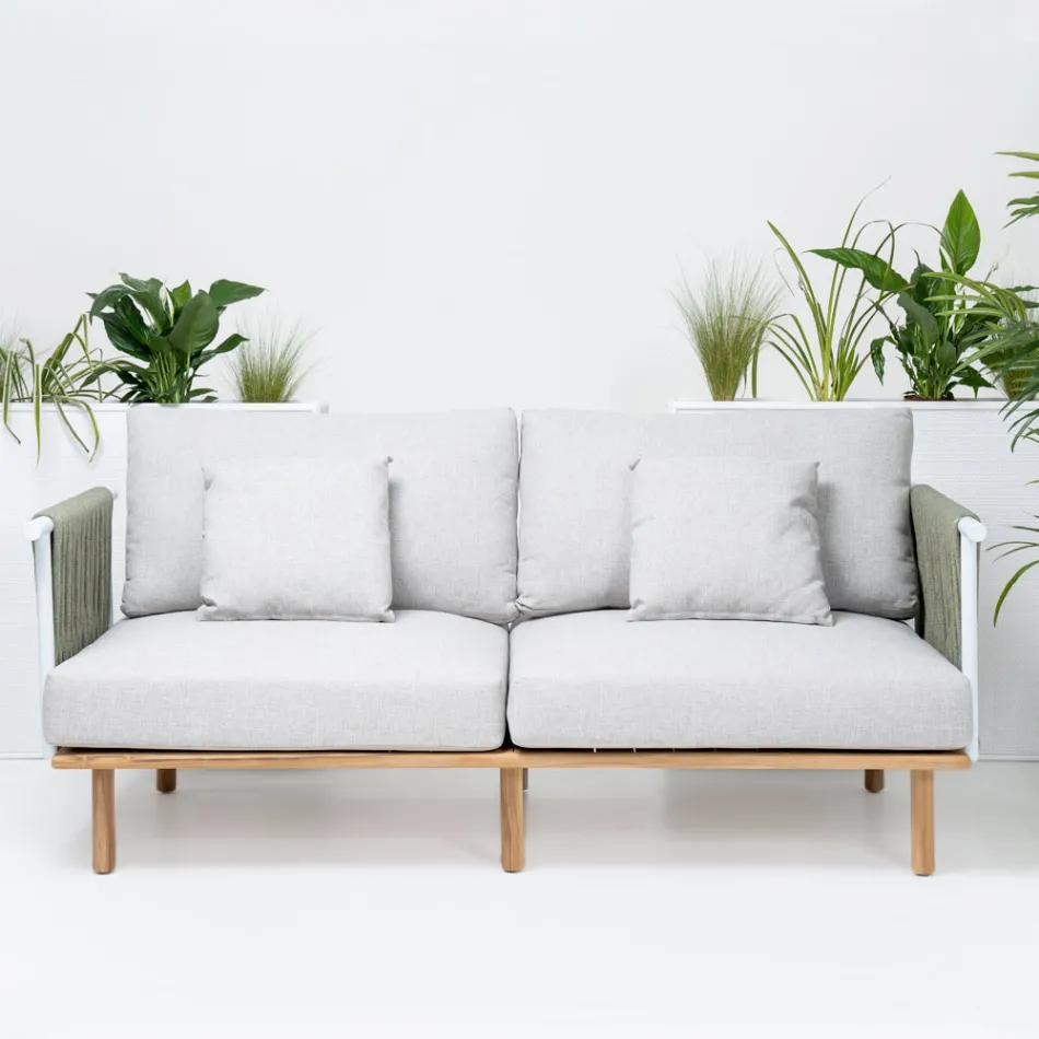 2 Seater Sofa in Teak, Rope Weaving and Cushions - Bellatrix Viadurini