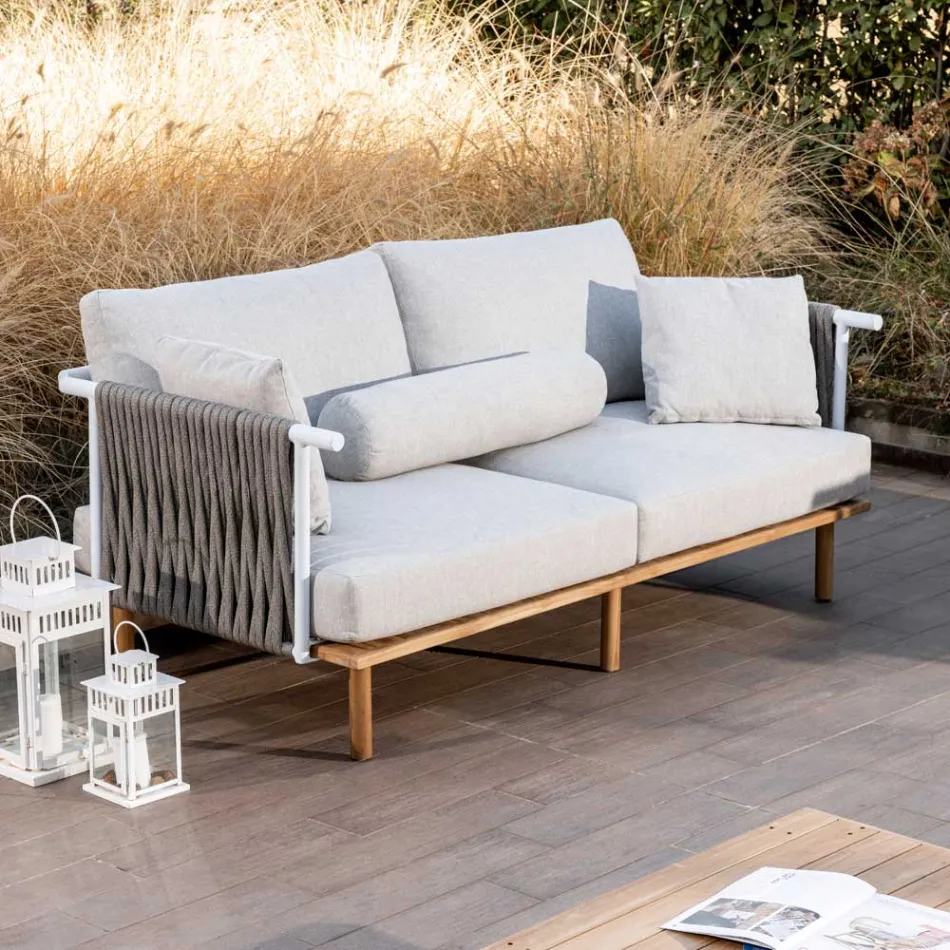 2 Seater Sofa in Teak, Rope Weaving and Cushions - Bellatrix Viadurini