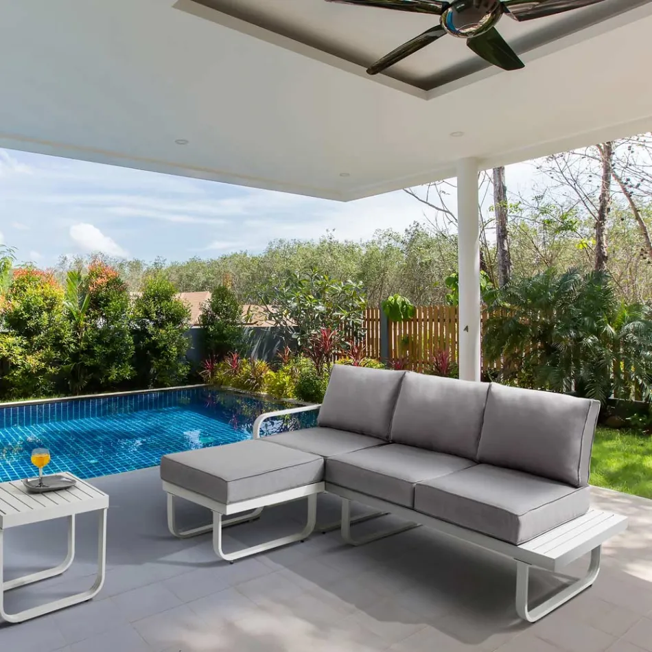 3 Seater Sofa with Aluminum Garden Pouf and Gray Cushions - Avoir Viadurini