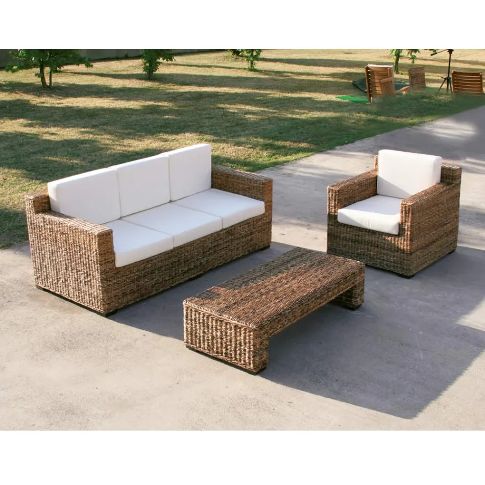 3 Seater Sofa with Banana Weave Structure and Ecru Cushions - Dish Viadurini