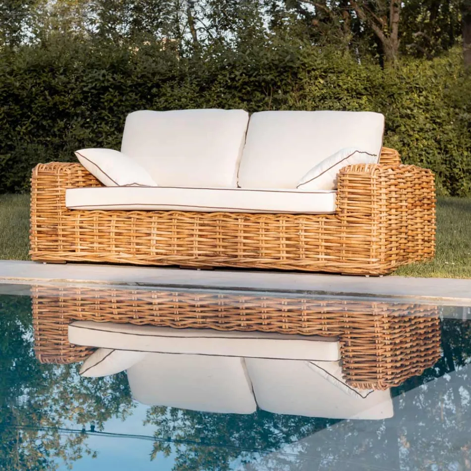 3 Seater or Maxi Garden Sofa in Natural Rattan with Cushions - Keira Viadurini
