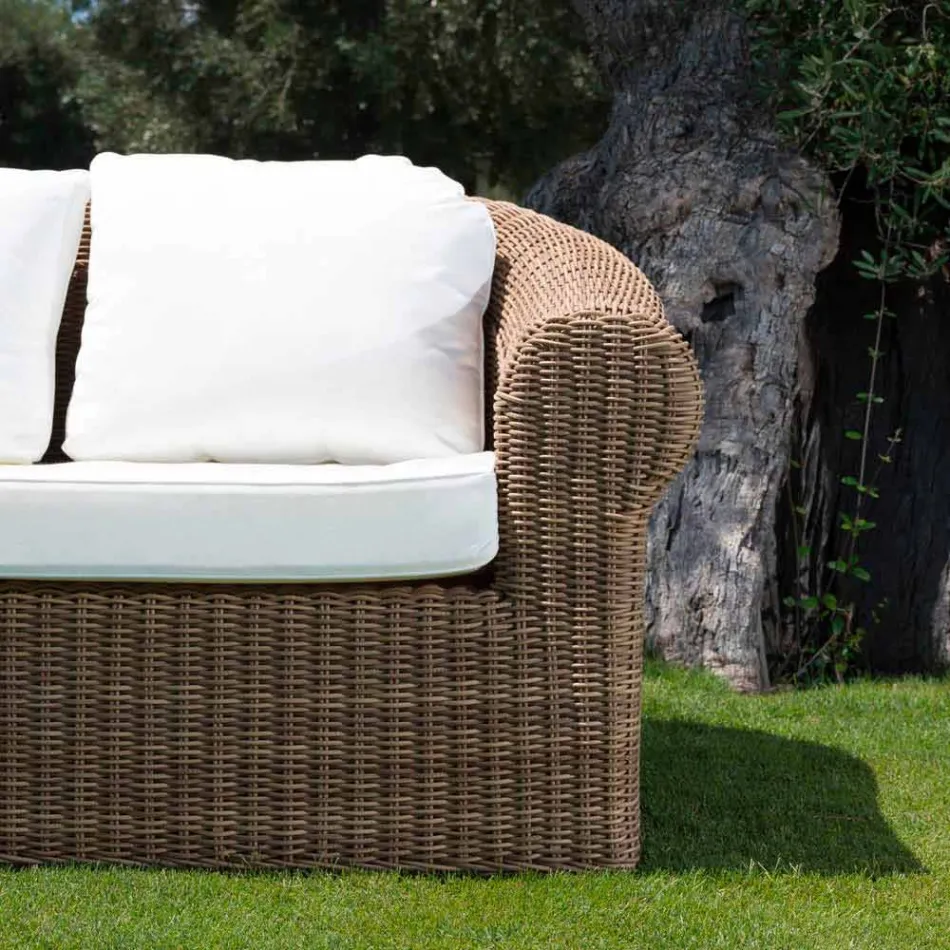 3 Seater Outdoor Sofa in Synthetic Rattan and White or Ecru Fabric - Yves Viadurini