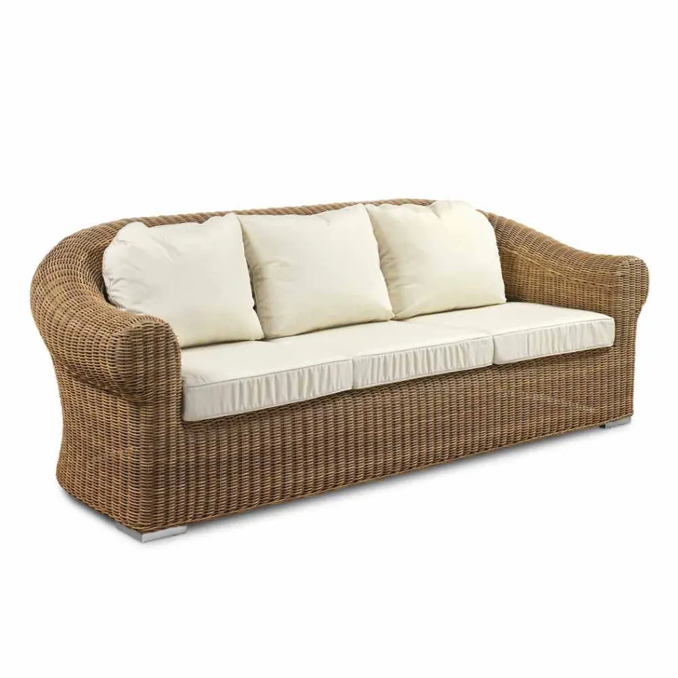 3 Seater Outdoor Sofa in Synthetic Rattan and White or Ecru Fabric - Yves Viadurini
