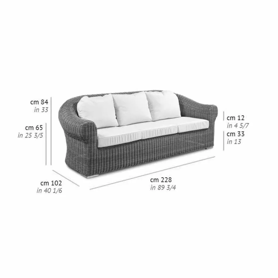 3 Seater Outdoor Sofa in Synthetic Rattan and White or Ecru Fabric - Yves Viadurini