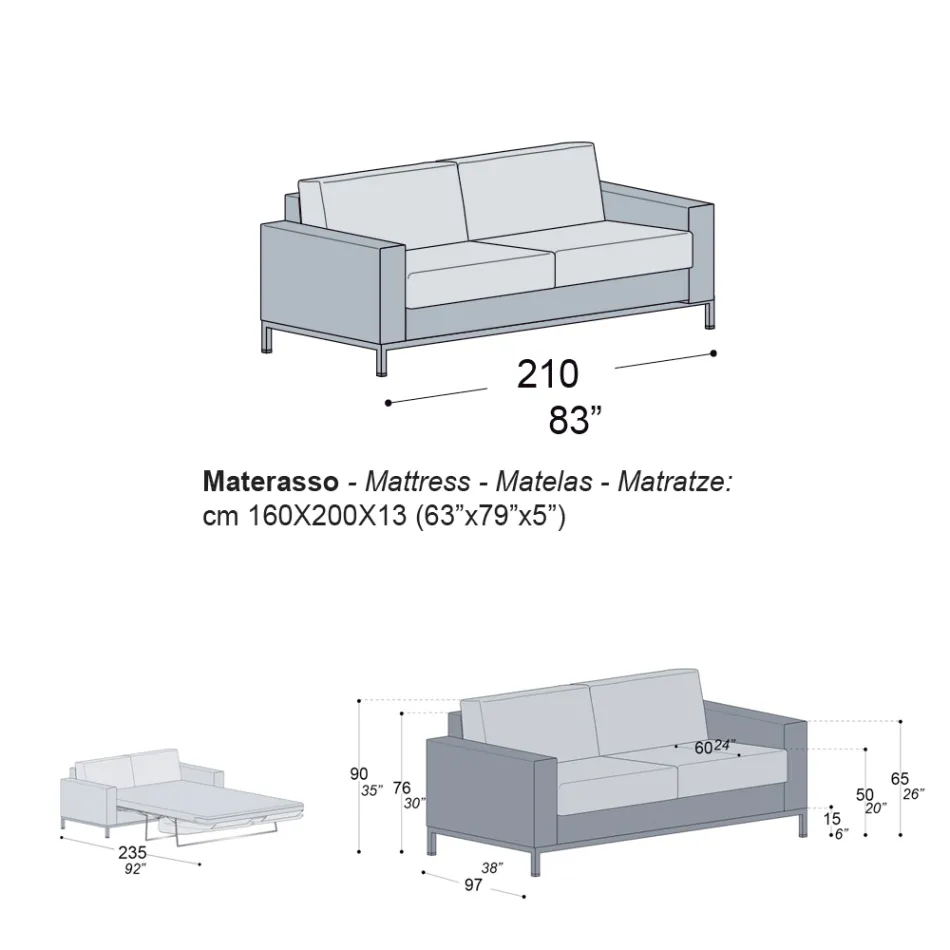 Sofa with Bed Opening in Metal and Polyurethane Made in Italy - Folle Viadurini