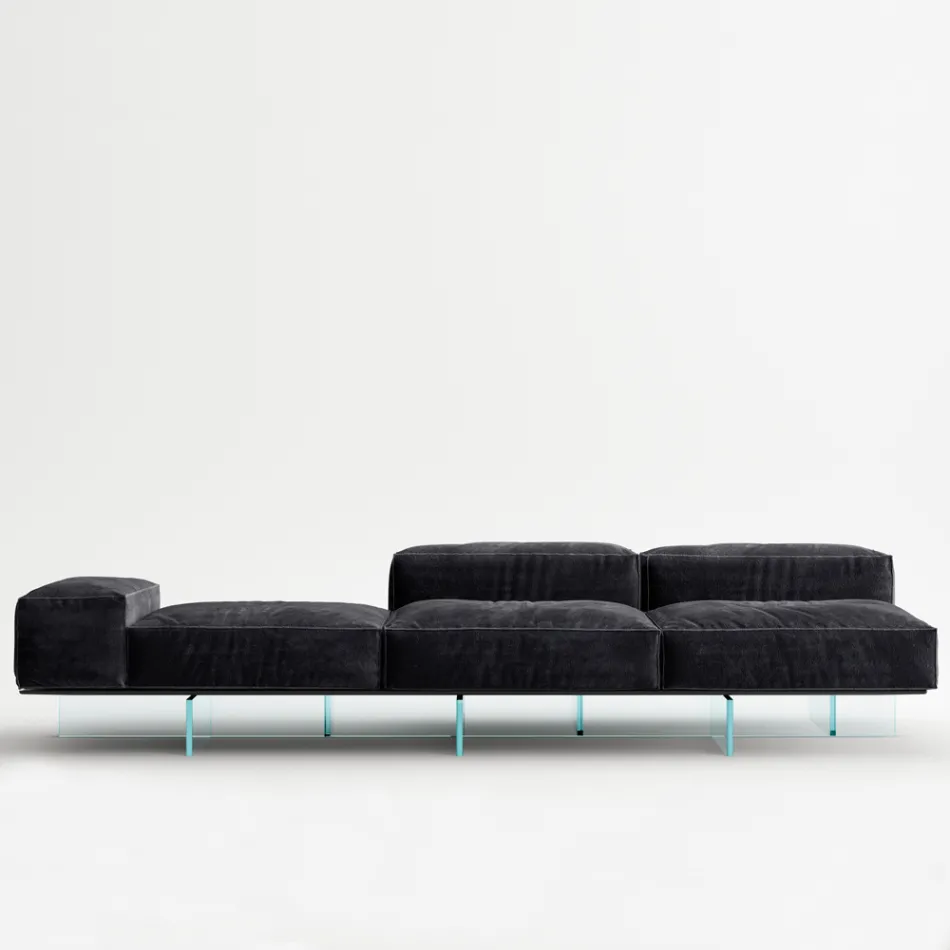 Sofa with Extra-clear Glass Base and Fabric Seat Made in Italy - Rory Viadurini