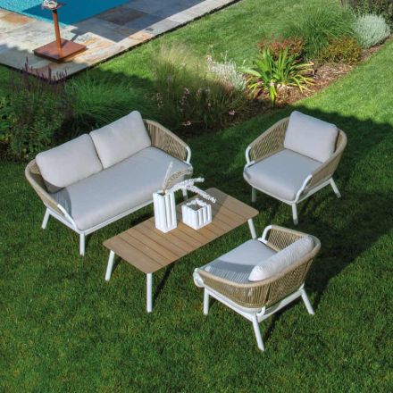 Sofa with Armchairs and Coffee Table in White Aluminum for the Garden - Tenda Viadurini