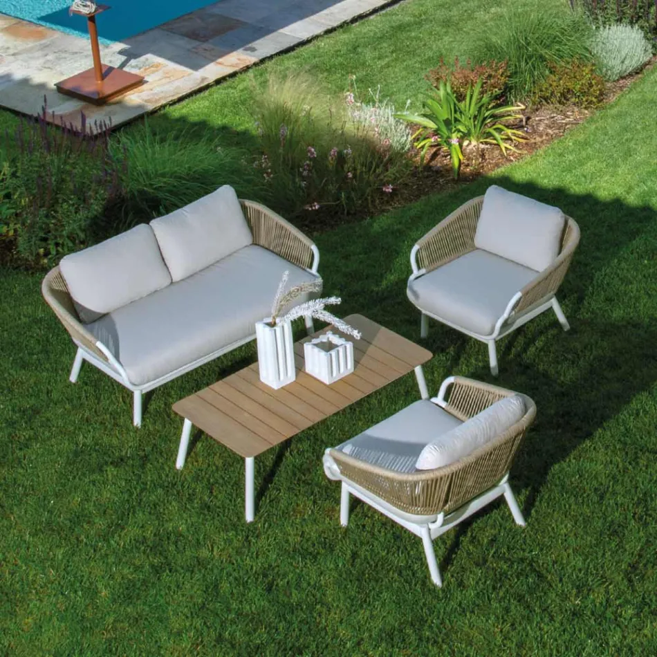Sofa with Armchairs and Coffee Table in White Aluminum for the Garden - Tenda Viadurini