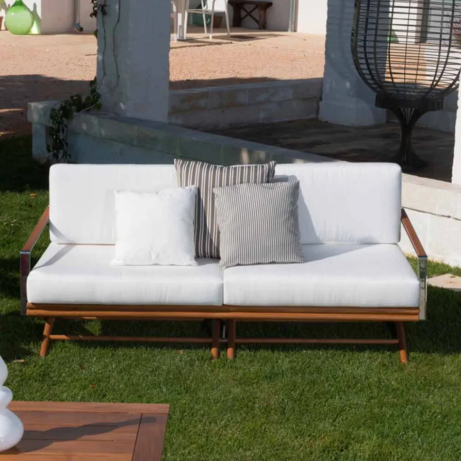 3 Seater Outdoor Sofa in Natural Wood or Black and Luxury Fabric - Suzana Viadurini