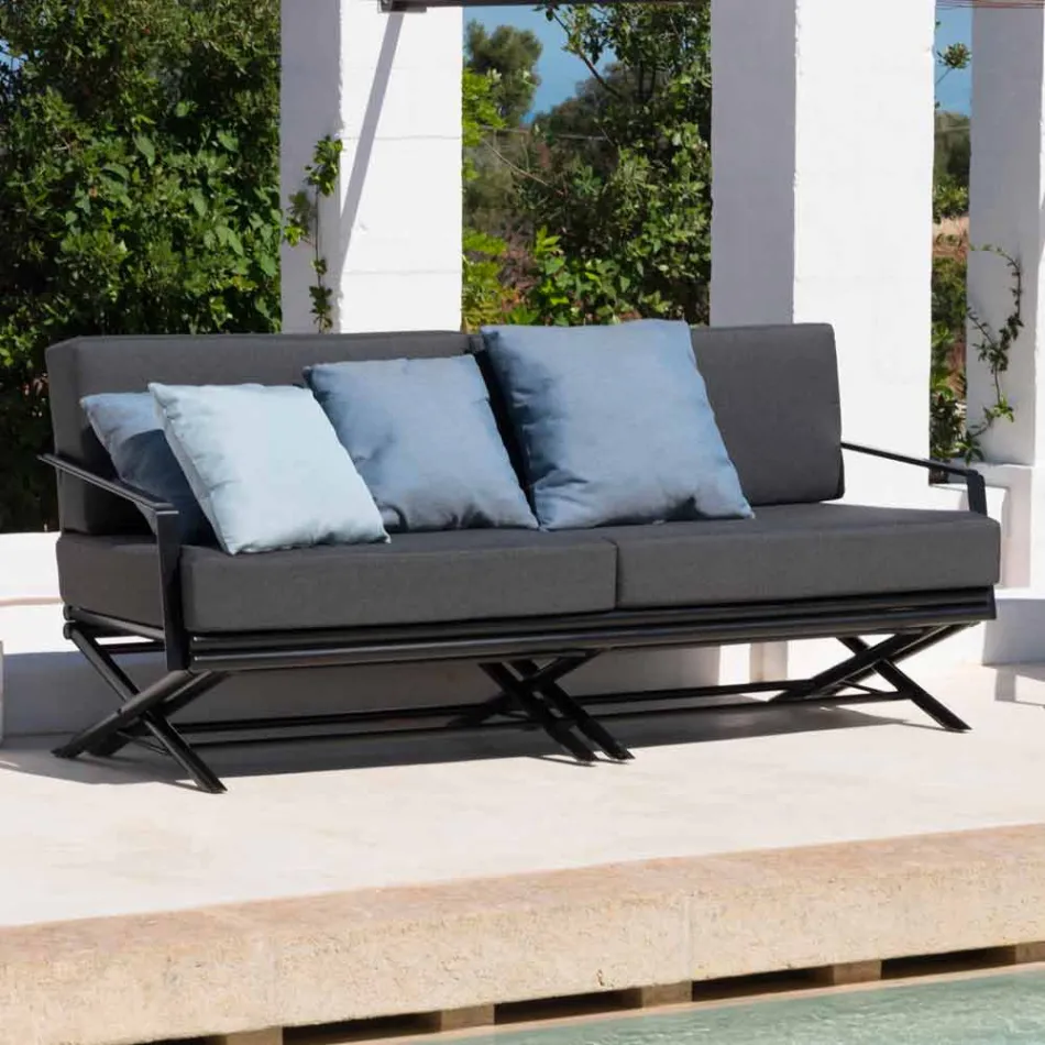 3 Seater Outdoor Sofa in Natural Wood or Black and Luxury Fabric - Suzana Viadurini