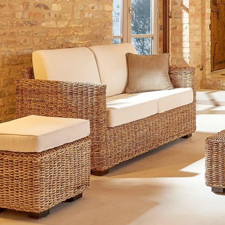 Garden Sofa of Various Sizes in Abaca with Cushions - Raziel Viadurini