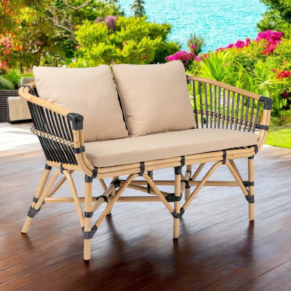 Garden Sofa in Natural Rattan with Cushions Included - Catelyn Viadurini