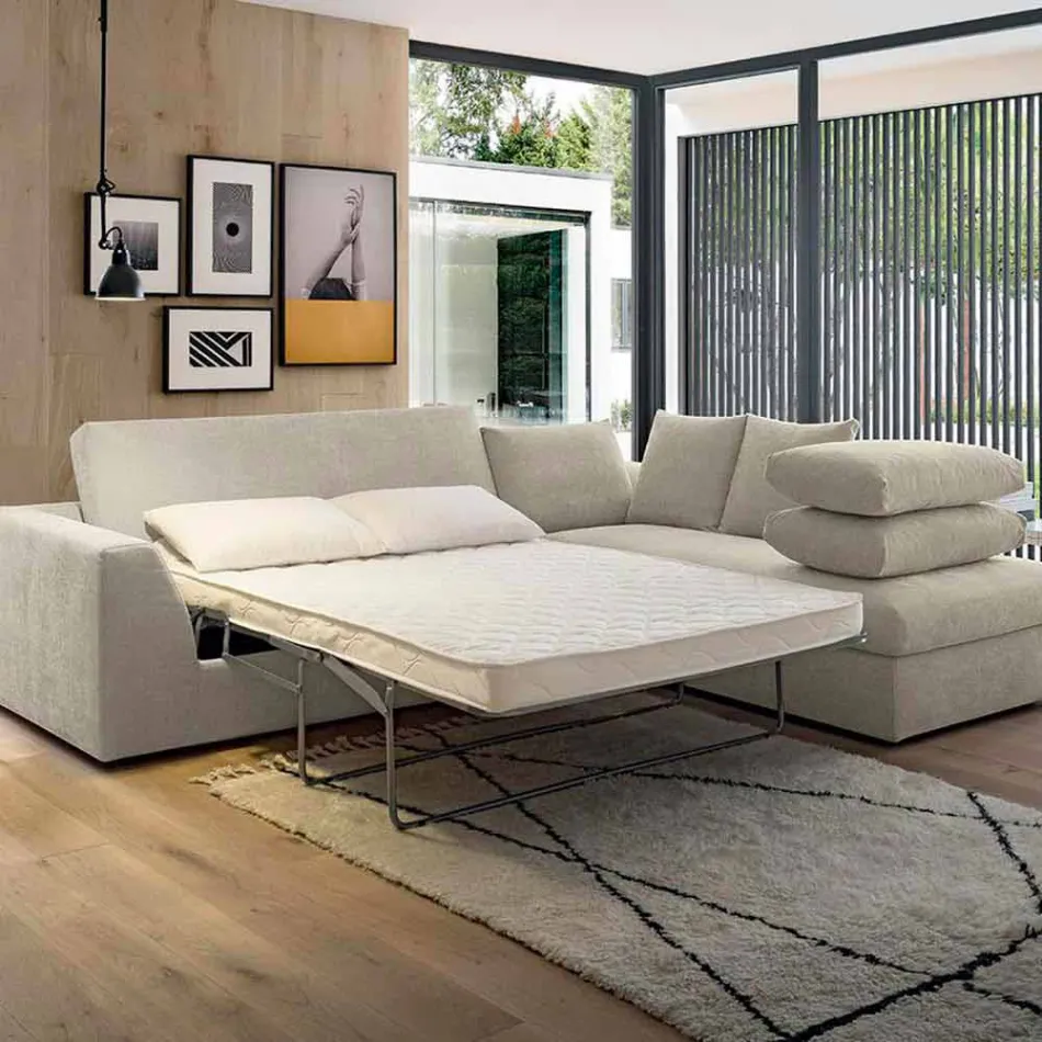 Design Corner Sofa Bed in Beige Fabric Made in Italy - Ortensia Viadurini