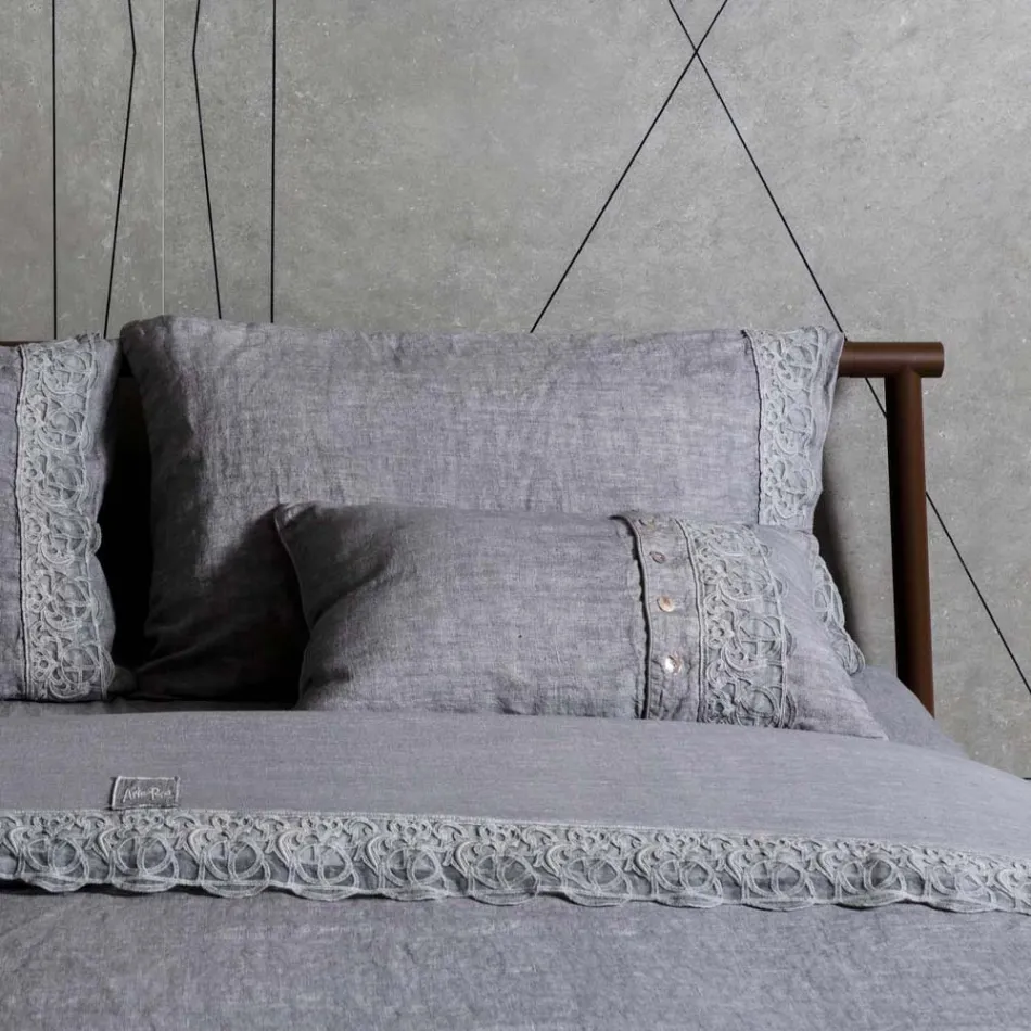 Italian Luxury Sinergia Lace Gray Linen Bed Pillowcase - Stego Viadurini