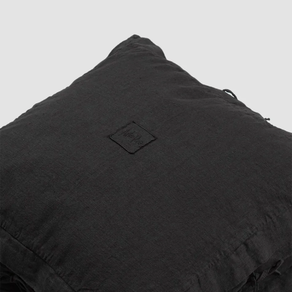 Square Cushion Cover in Black Heavy Linen and Laces Made in Italy - Matero Viadurini