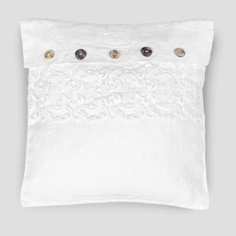 White Square Cushion Cover with Italian Luxury Lace and Buttons - Logos Viadurini