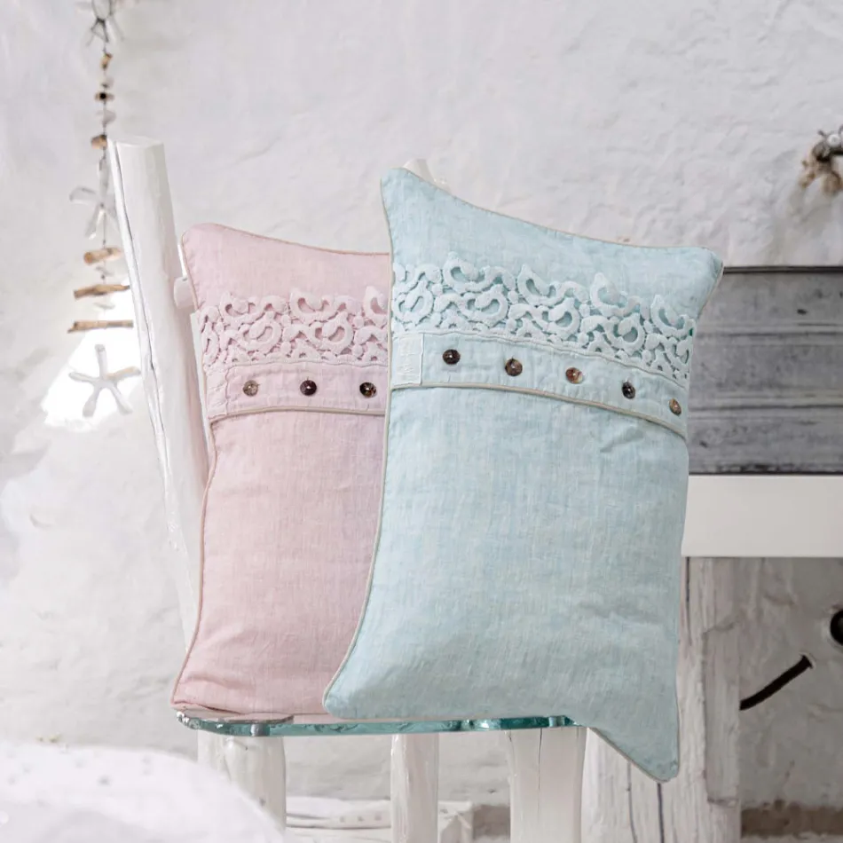 Pillowcase in Colored Linen, Poema Lace and Italian Luxury Piping - Stego Viadurini