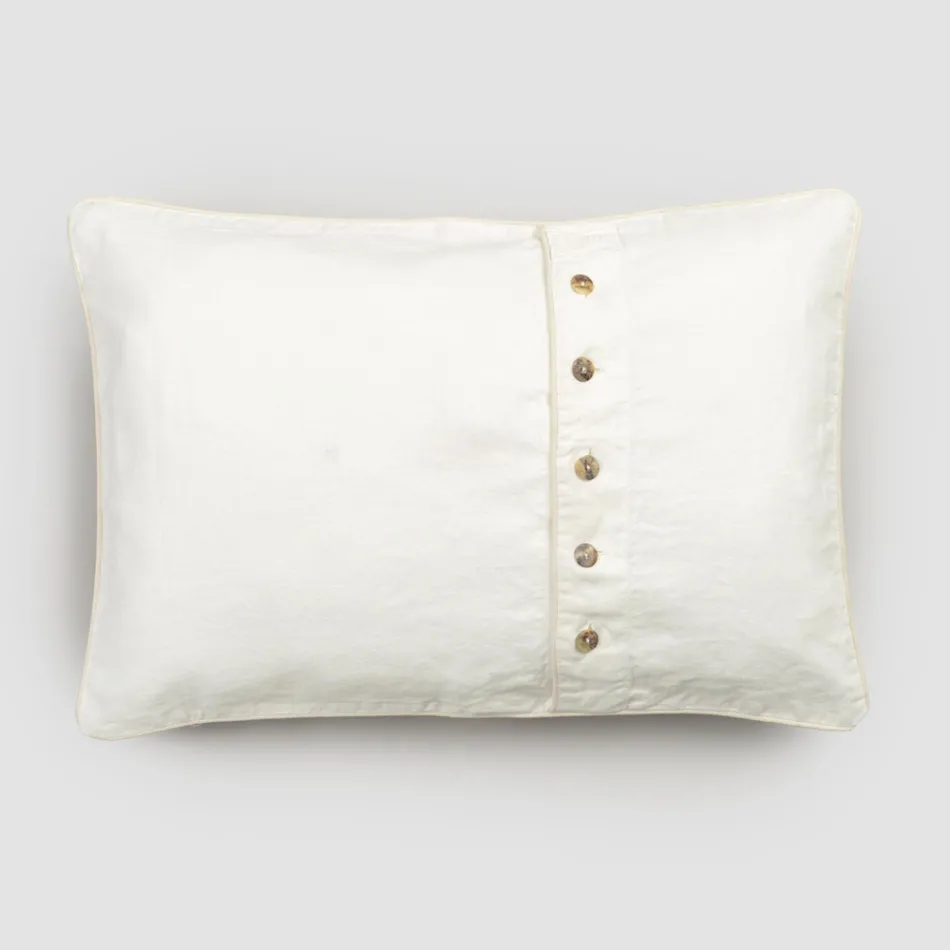 Heavy Linen Pillowcase with Agoya Button Decoration and Piping - Mediterranean Viadurini